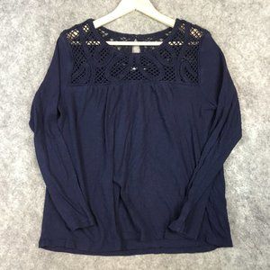 GAP Top L Long Sleeve Solid Navy Blue Crochet Neck Keyhole Illusion Jersey Knit
